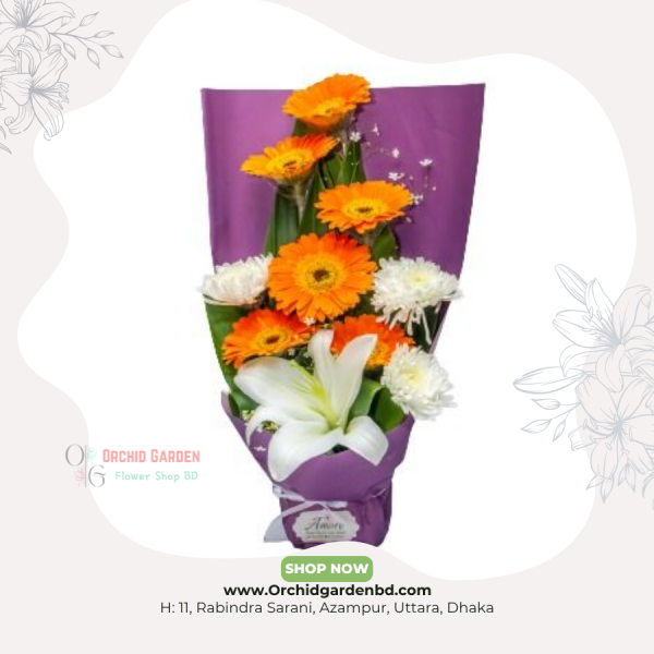 Bright Orange Gerbera & White Lily Bouquet