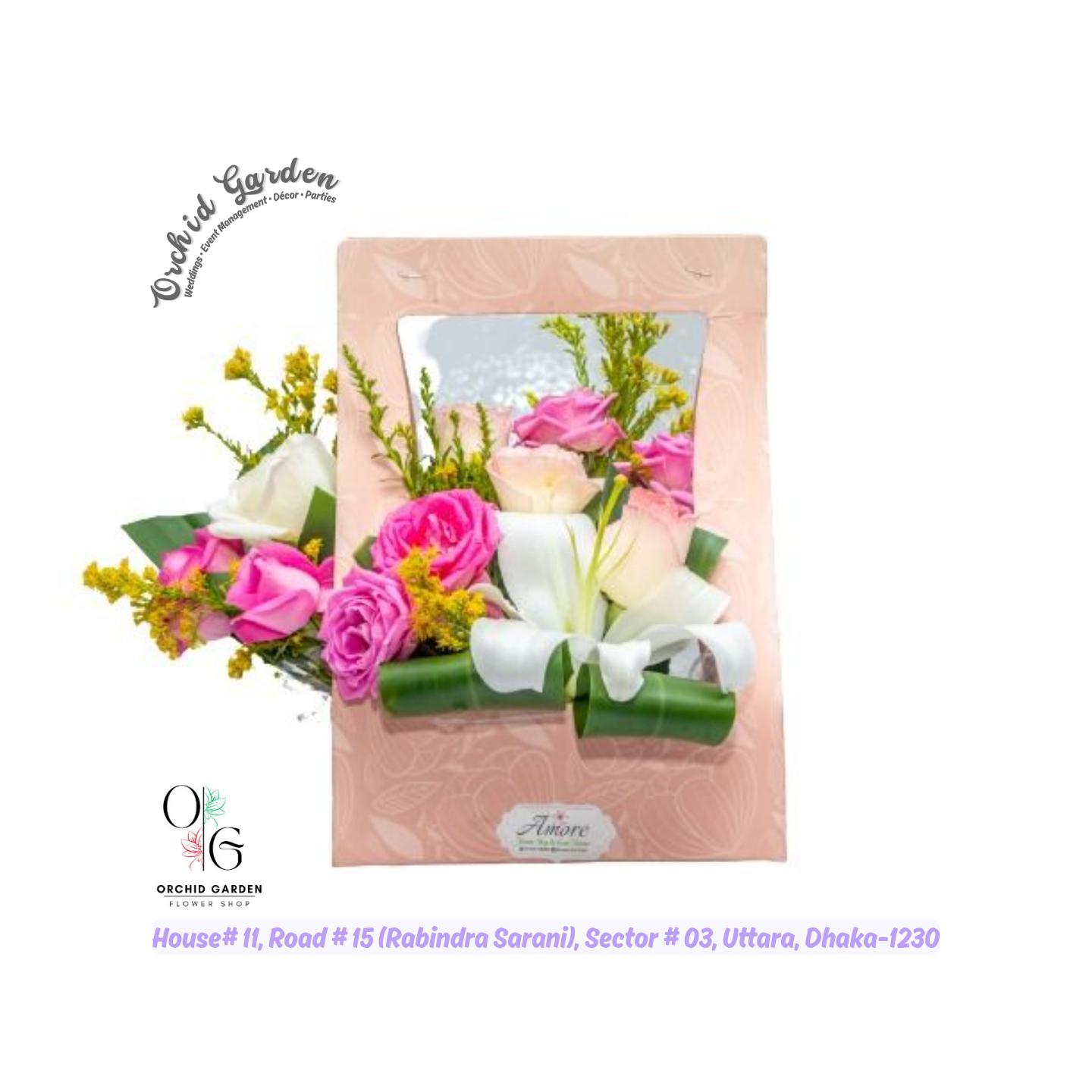 67a1e1dc769464eec757fe62.jpg Pink, White Eustoma And White Lily Bag 1 Bouquet - Image 1