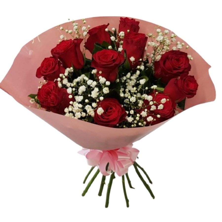Red Roses And Gypsophila Small Bouquet 1 Piece - Image 1