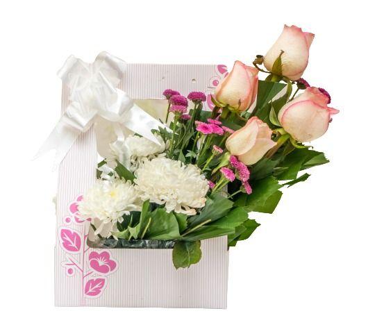 Smallflowerbagpinkrosewhiteandspraymums1000.jpg Small Flower Bag Pink Rose White And Spray Mums 1 Piece - Image 1