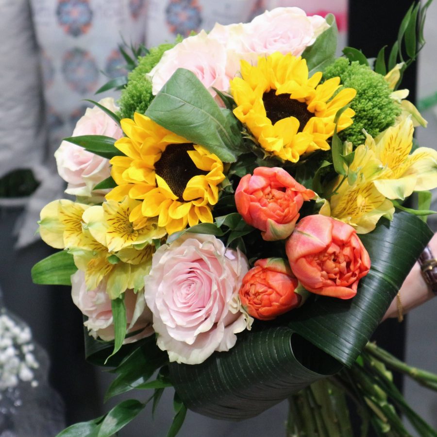Premium Ecuadorian Roses (Orange), Sunflower, Summer Flowers And Fillers | 1 Bouquet
