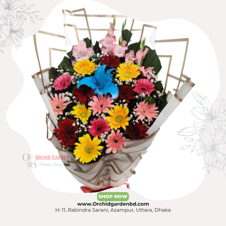 OGBD- (14) Colorful Gerbera & Lily Celebration Bouquet - Image 1