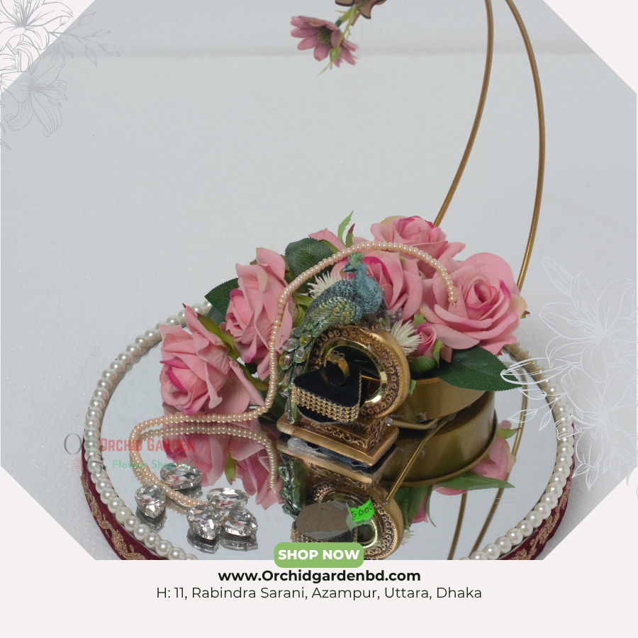 OGBD- (17) Pink Floral Mirror Jewellery Stand Tray – Premium Ring Display Edition - Image 1