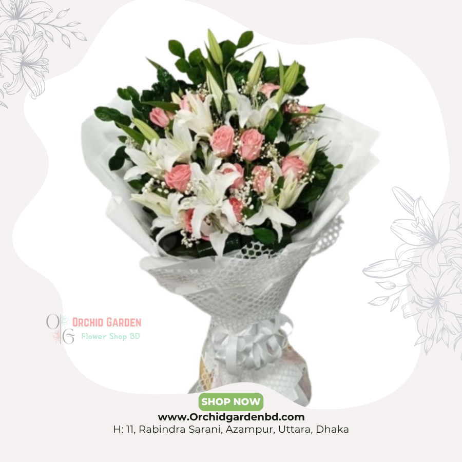 OGBD- (9) White Lily Pink Rose Harmony Bouquet - Image 1