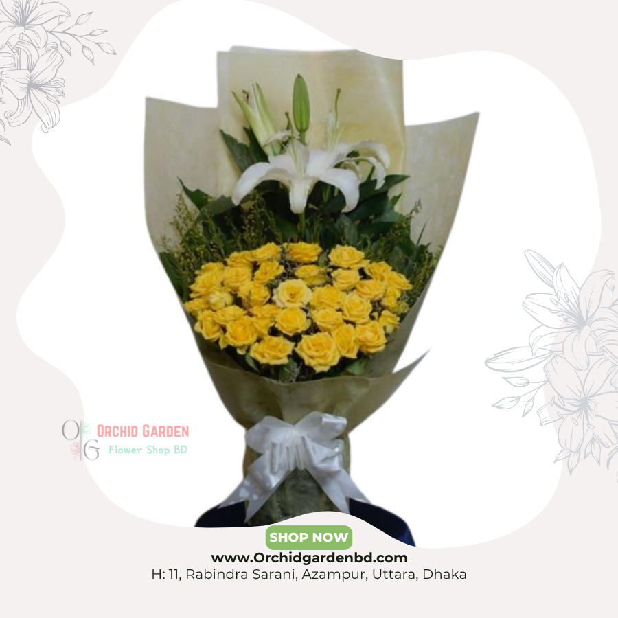 OGBD- (91) Yellow Roses & White Lily Premium Bouquet - Image 1