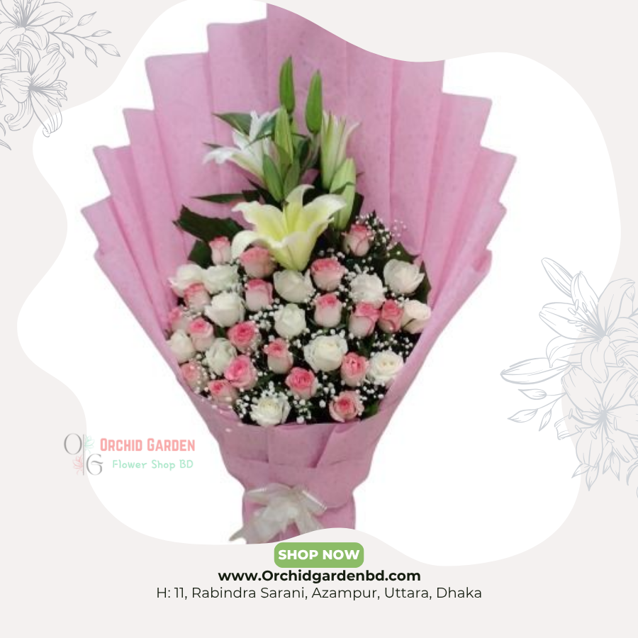OGBD- (96) Pink & White Roses With Lily Premium Bouquet - Image 1